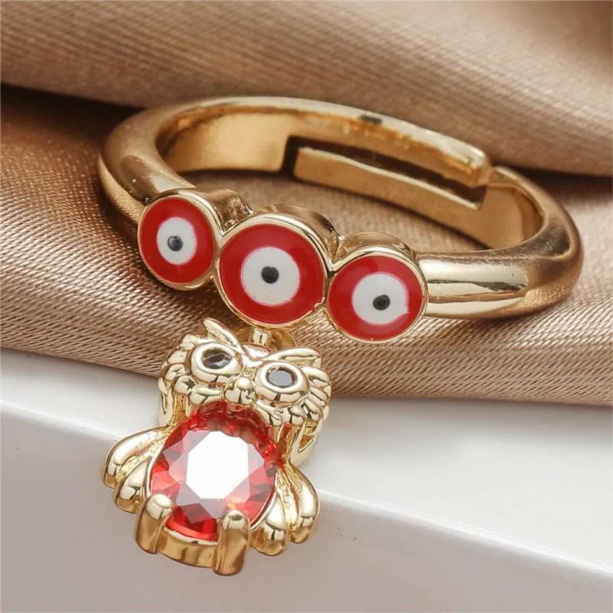 Wholesale Elegant Nordic Style Simple Style Devil's Eye Heart Shape Owl Copper Polishing Inlay 18K Gold Plated Zircon Charm Rings Open Rings