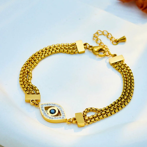 Wholesale Elegant Personality Blue Eyes Diamond Accessories Titanium Steel Multi Layer Chain Jewelry Bracelet With Geometric Pattern And Electroplating Process For Women