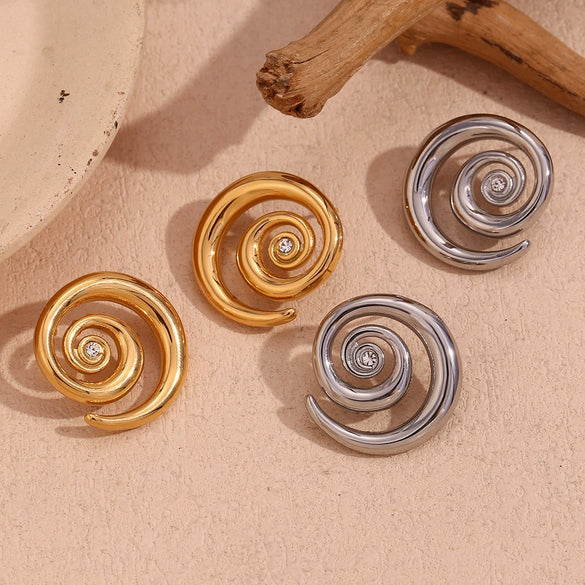 Wholesale Elegant Popular Geometric Stainless Steel 18K Gold Plated Micropaved Zircon Embellished Swirl Earrings For Women