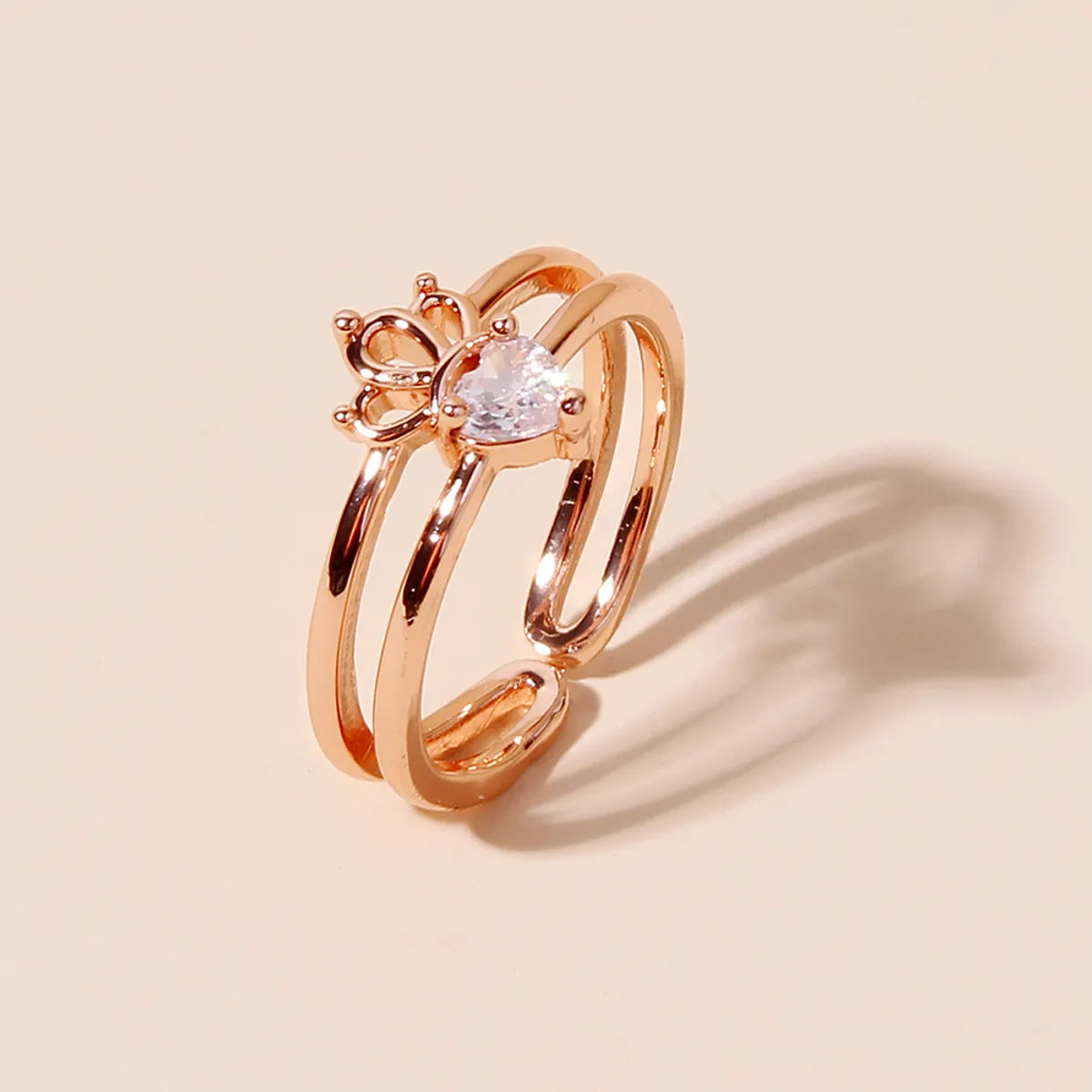 Wholesale Elegant Princess Heart Shape Crown Carrot Copper Plating Inlay Rose Gold Plated Zircon Open Rings