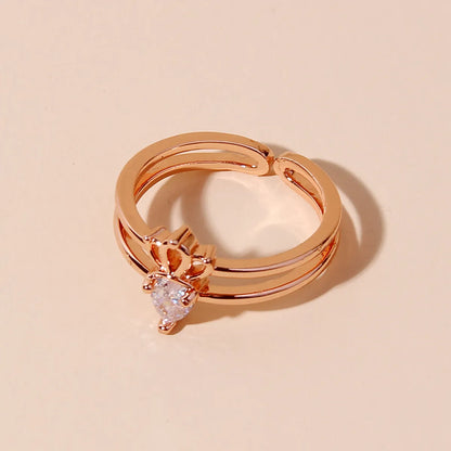 Wholesale Elegant Princess Heart Shape Crown Carrot Copper Plating Inlay Rose Gold Plated Zircon Open Rings