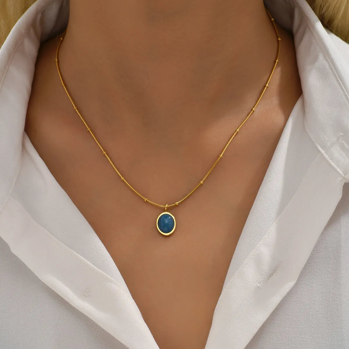 Elegant Retro Geometric Round Dots Oval Titanium Steel Plating Inlay Artificial Gemstones 18k Gold Plated Pendant Necklace