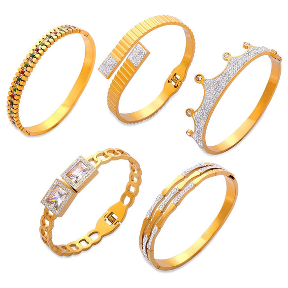 Wholesale Elegant Retro Hollow Geometric Golden Crown Titanium Steel Bracelet For Female With Gold Plated Design