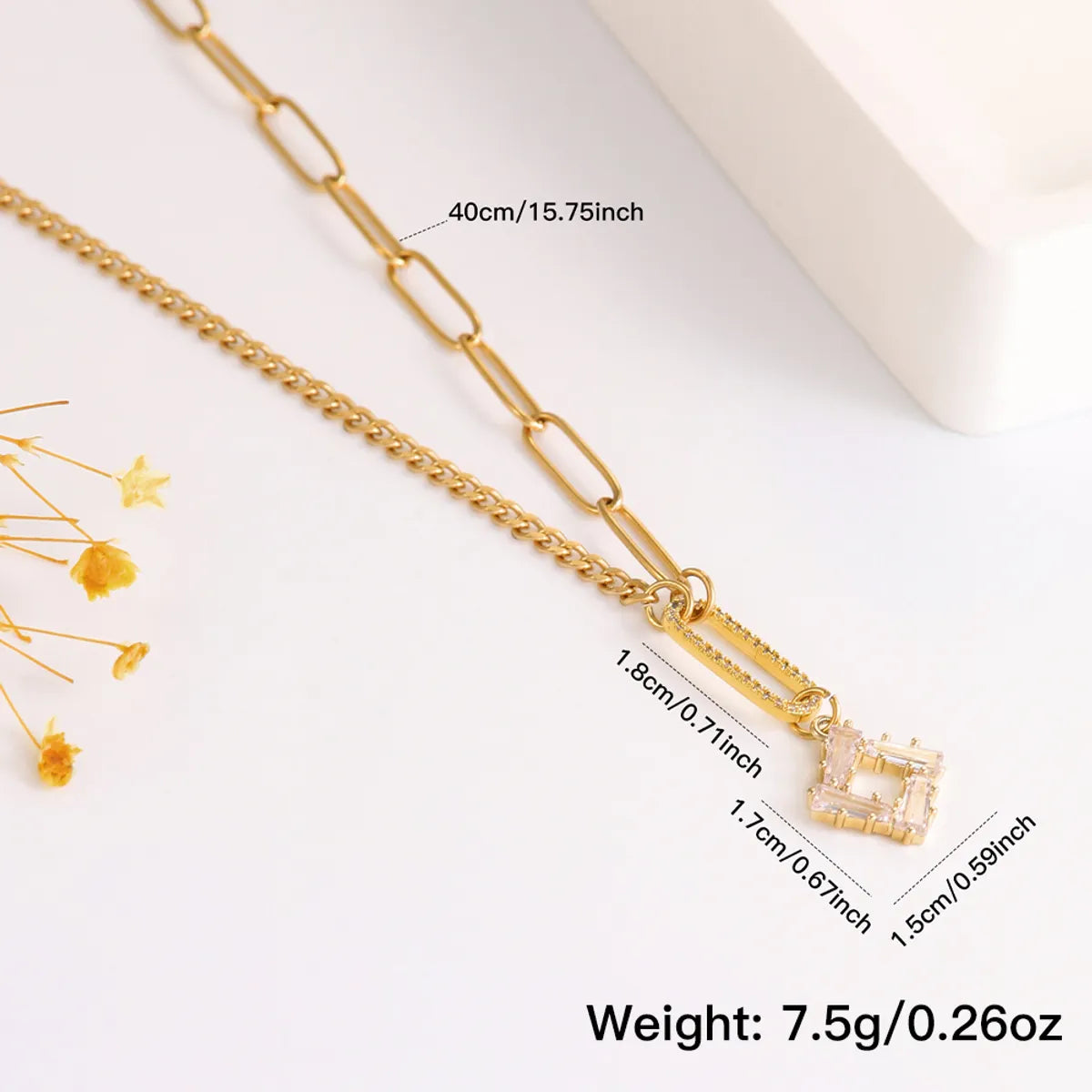 304 Stainless Steel Copper 18K Gold Plated Elegant Romantic Simple Style Plating Inlay Round Square Flower Zircon Double Layer Necklaces Pendant Necklace