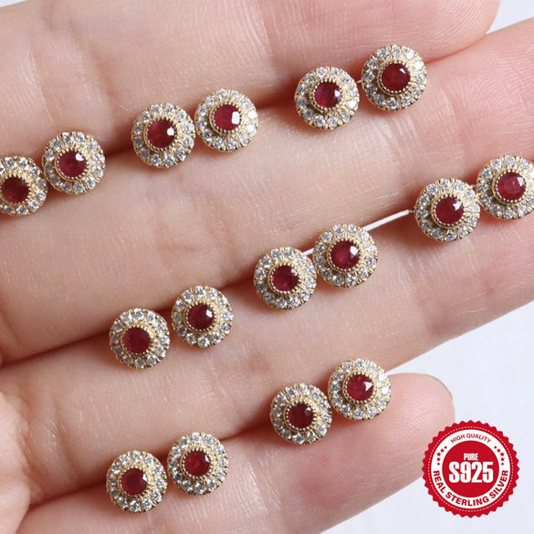 Wholesale Elegant S925 Silver Retro Palace Luxury Ruby Women's Ear Jewelry With Geometric Design And Electroplating