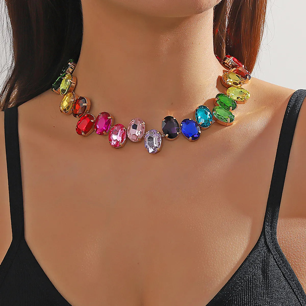 Wholesale Elegant Shiny Colorful Oval Crystal Copper Choker