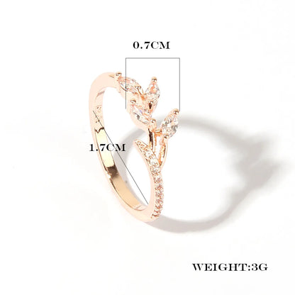 Wholesale Elegant Shiny Leaves Copper Transparent Inlay Rose Gold Plated Zircon Rings