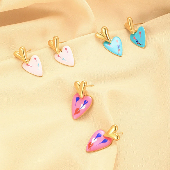 Wholesale Elegant Simple Color Drop Oil Paint Heart Shape Stainless Steel 18K Electroplated Earrings For Women