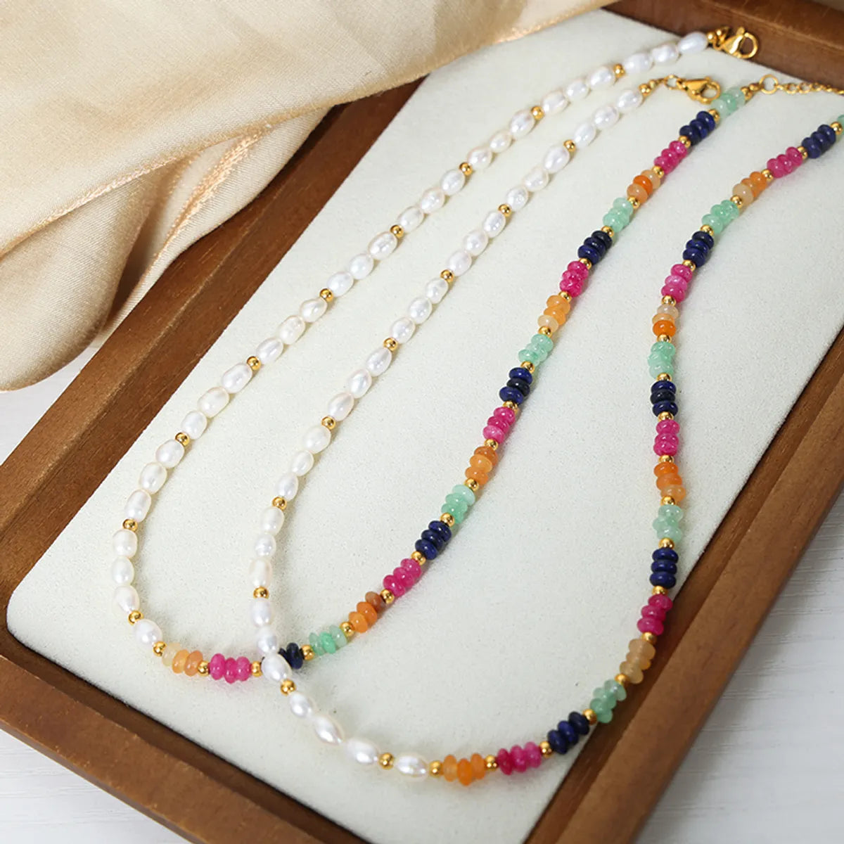 Wholesale Elegant Simple Style Colorful Freshwater Pearl Titanium Steel Beaded Plating 18k Gold Plated Necklace