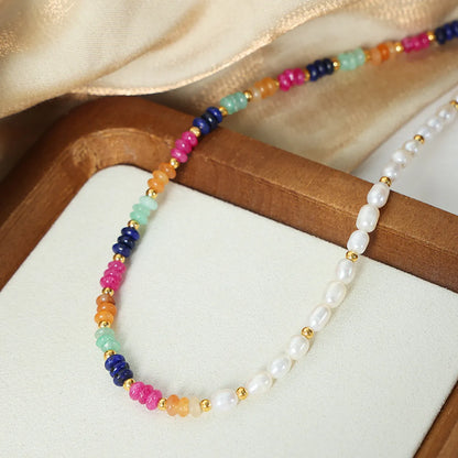 Wholesale Elegant Simple Style Colorful Freshwater Pearl Titanium Steel Beaded Plating 18k Gold Plated Necklace