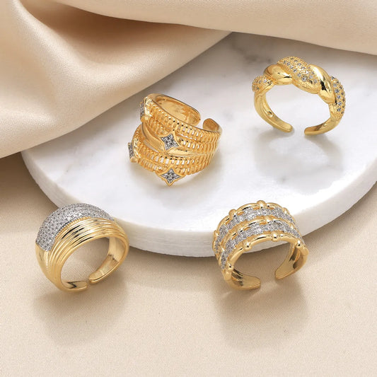 Wholesale Elegant Simple Style Geometric Copper Plating Inlay 18K Gold Plated Zircon Rings