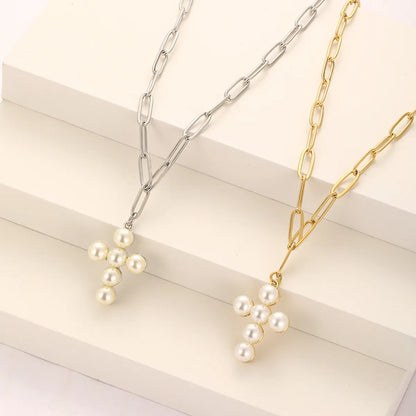 Elegant Solid Color Stainless Steel Plating Inlay Artificial Pearls 18k Gold Plated Pendant Necklace