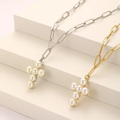 Elegant Solid Color Stainless Steel Plating Inlay Artificial Pearls 18k Gold Plated Pendant Necklace