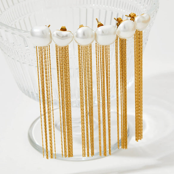 Wholesale Elegant Stainless Steel Pearl Long Tassel Earrings With Geometric Design And Electroplating For Women