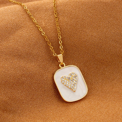 Wholesale Elegant Streetwear Geometric Heart Shape Stainless Steel Enamel Plating Inlay 18k Gold Plated Rhinestones Pendant Necklace