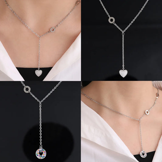 304 Stainless Steel Copper White Gold Plated Elegant Streetwear Plating Inlay Round Letter Heart Shape Zircon Pendant Necklace