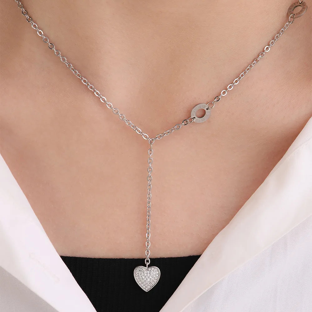 304 Stainless Steel Copper White Gold Plated Elegant Streetwear Plating Inlay Round Letter Heart Shape Zircon Pendant Necklace