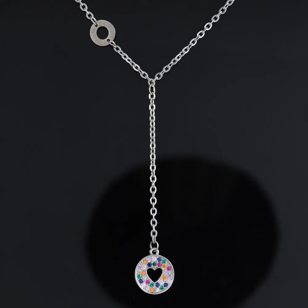 304 Stainless Steel Copper White Gold Plated Elegant Streetwear Plating Inlay Round Letter Heart Shape Zircon Pendant Necklace