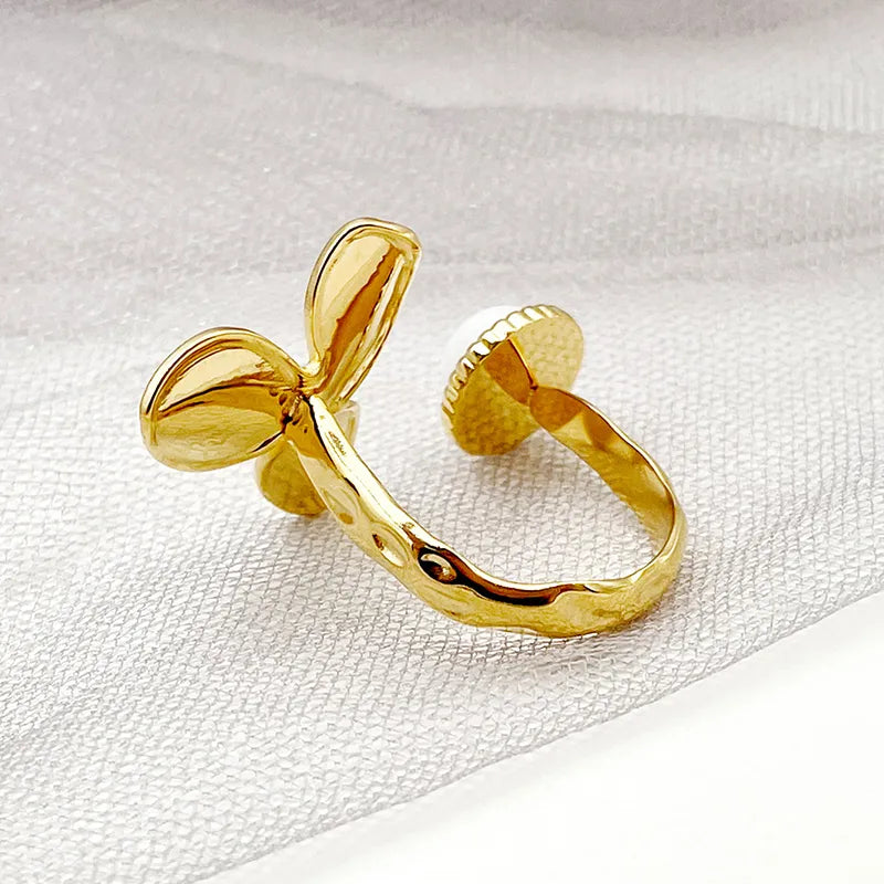 304 Stainless Steel Gold Plated Elegant Sweet Artistic Plating Inlay Leaves Natural Stone Open Rings