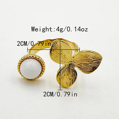 304 Stainless Steel Gold Plated Elegant Sweet Artistic Plating Inlay Leaves Natural Stone Open Rings