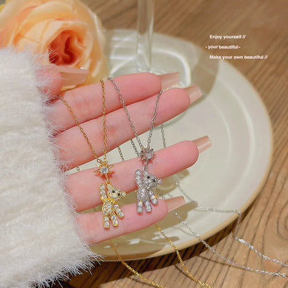 Wholesale Elegant Sweet Little Bear 304 Stainless Steel Copper Inlay Zircon Pendant Necklace