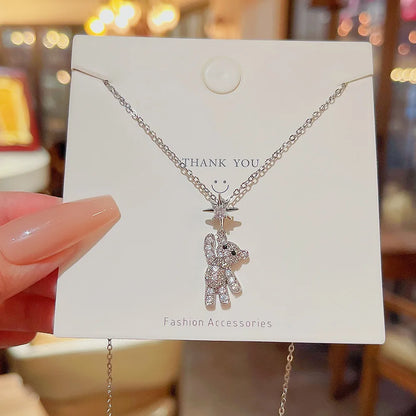 Wholesale Elegant Sweet Little Bear 304 Stainless Steel Copper Inlay Zircon Pendant Necklace