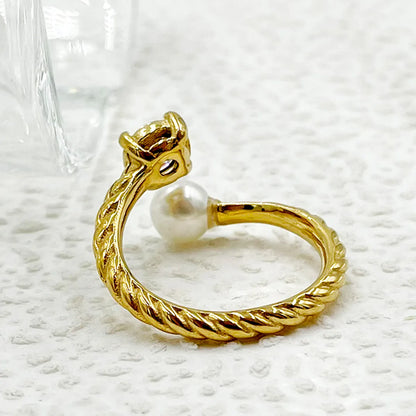 Wholesale Elegant Sweet Roman Style Solid Color Stainless Steel Plating Inlay Gold Plated Pearl Zircon Rings