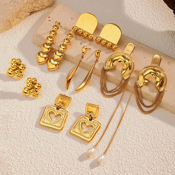 Wholesale Elegant Women's Stainless Steel Electroplated Irregular Geometric Square Hollow Peach Heart Poker Earrings