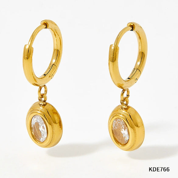 Wholesale Emerald Zircon Earrings Stainless Steel Classic Temperament Simple Oval Pendant With Geometric Pattern Electroplated For Women