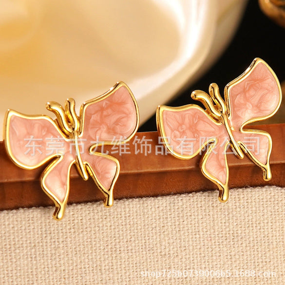 Wholesale Enamel Craft Dripping Oil Sweet Animal Pattern Stainless Steel Butterfly Earrings For Women