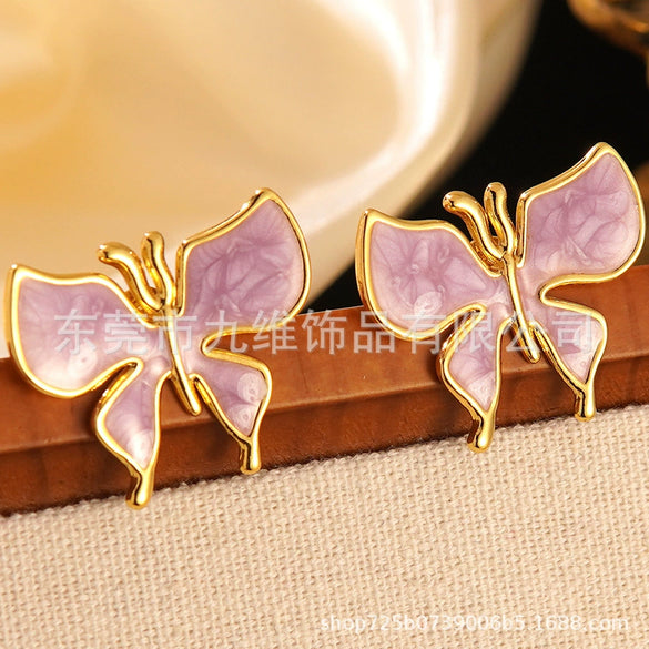 Wholesale Enamel Craft Dripping Oil Sweet Animal Pattern Stainless Steel Butterfly Earrings For Women