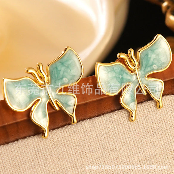 Wholesale Enamel Craft Dripping Oil Sweet Animal Pattern Stainless Steel Butterfly Earrings For Women