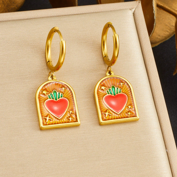 Wholesale Enameled Geometric Heart Carrot Pattern Goldplated Stainless Steel Cartoon Earrings For Women