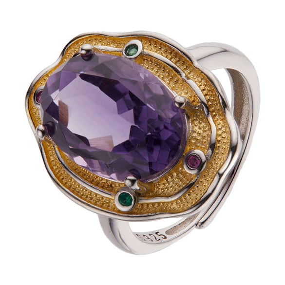 Wholesale Exaggerate Style Flower Shape S925 Sterling Silver Ring Set With Crystal Natural Topaz Citrine Amethyst Jewelry For Women