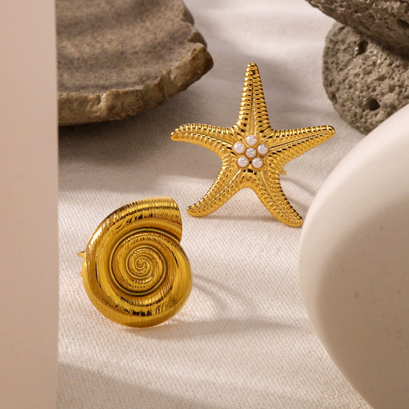 Wholesale Exaggerated Conch Sea Star Geometric Stainless Steel Opening Ring For Women 18K Gold Plated