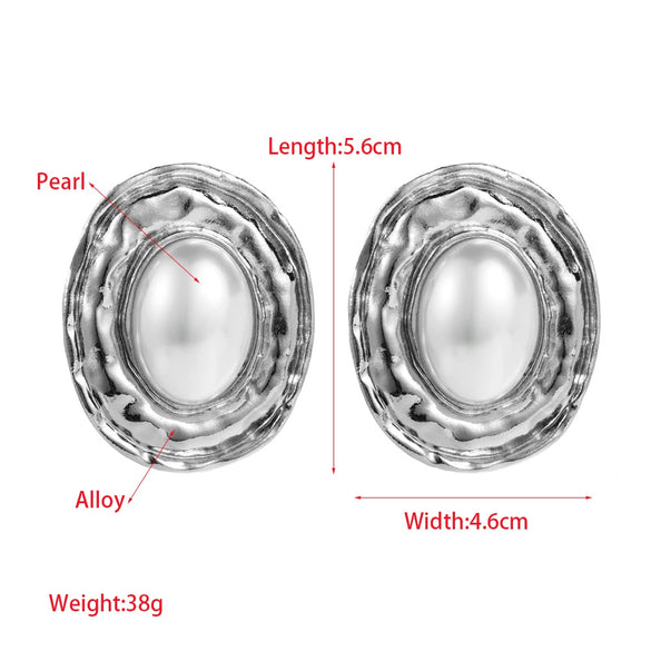 Wholesale Exaggerated Geometric Alloy Raffia Pearl Inlaid Oval Stud Earrings For Women