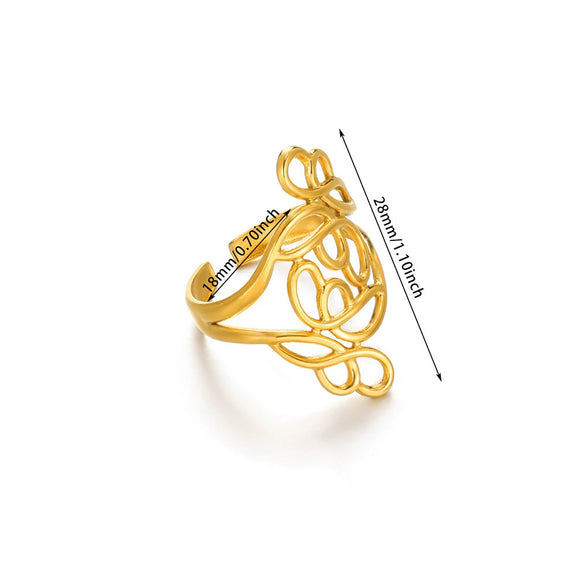 Wholesale Exaggerated Geometric Hollow Flower Stainless Steel 18K Goldplated Asymmetric Ring For Women With Leaves And Wave Pattern