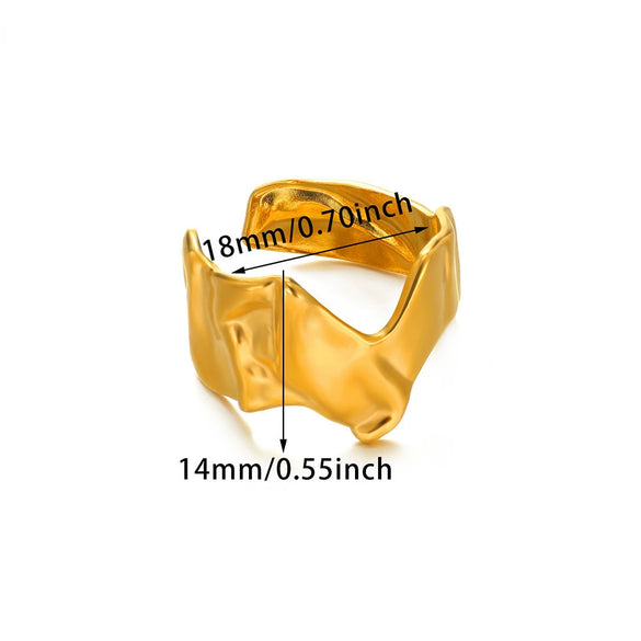 Wholesale Exaggerated Geometric Hollow Flower Stainless Steel 18K Goldplated Asymmetric Ring For Women With Leaves And Wave Pattern