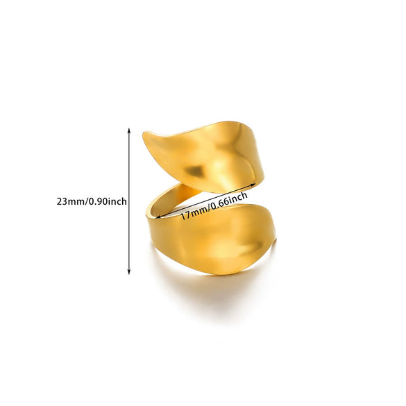 Wholesale Exaggerated Geometric Hollow Flower Stainless Steel 18K Goldplated Asymmetric Ring For Women With Leaves And Wave Pattern
