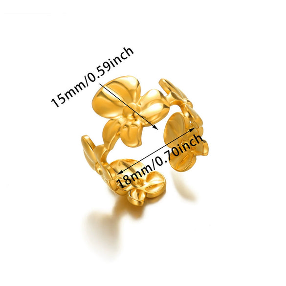 Wholesale Exaggerated Geometric Hollow Flower Stainless Steel 18K Goldplated Asymmetric Ring For Women With Leaves And Wave Pattern
