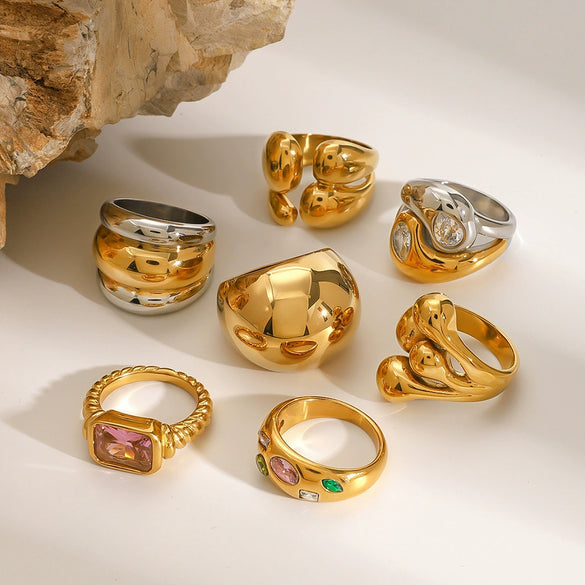 Wholesale Exaggerated Geometric Zircon Ring In Stainless Steel With Electroplating For Women