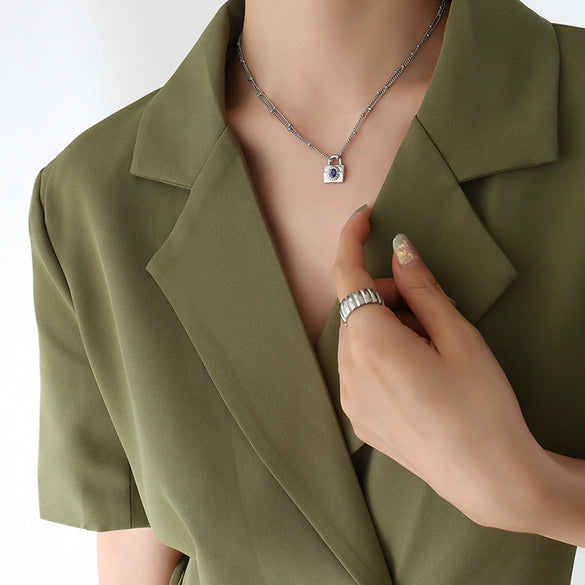 Wholesale Exaggerated Heavy Chain Zircon Lock Hip Hop Necklace Bracelet Set For Women Titanium Steel Electroplated