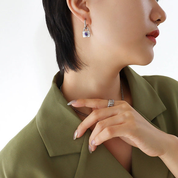 Wholesale Exaggerated Heavy Chain Zircon Lock Hip Hop Necklace Bracelet Set For Women Titanium Steel Electroplated