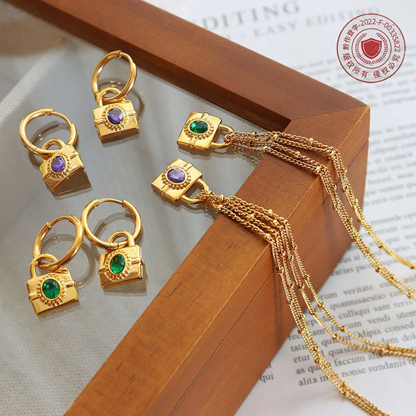 Wholesale Exaggerated Heavy Chain Zircon Lock Hip Hop Necklace Bracelet Set For Women Titanium Steel Electroplated