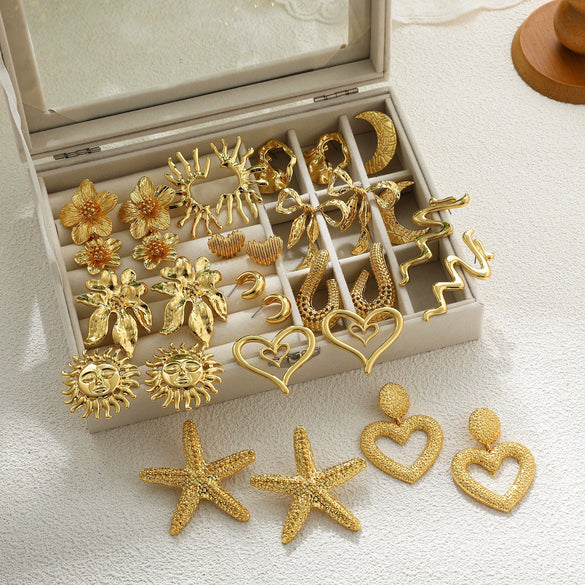 Wholesale Exaggerated Retro Zinc Alloy Earrings With Flower Love Starfish Bow Design 18K Gold Plated