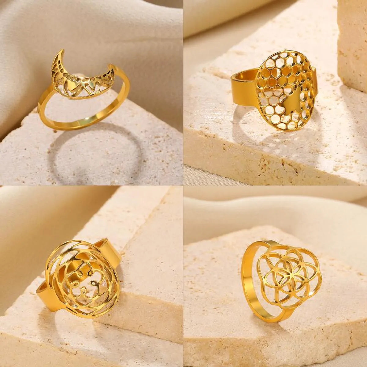 Wholesale Exaggerated Rock Moon Stainless Steel Plating 18k Gold Plated Open Rings