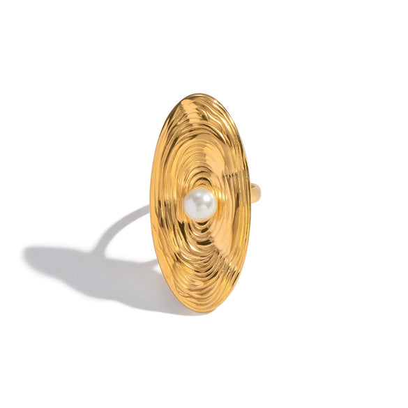 Wholesale Exaggerated Ruffled Pearl Women's Ring Geometric Stainless Steel Pvd Furnace Vacuum Real Gold Plating