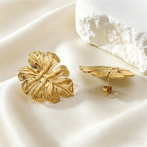 Wholesale Exaggerated Style Stamped Stainless Steel Leaf Floral Stud Earrings For Women