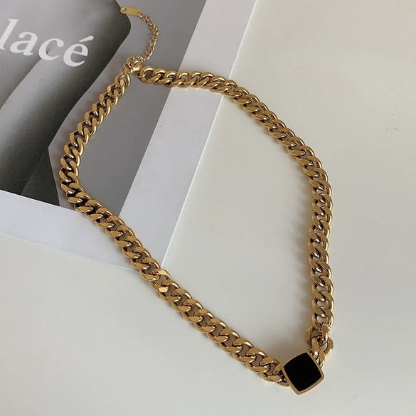 Wholesale Exaggerated Titanium Steel Thick Cuban Chain Necklace For Women Square Shape Electroplated All Match Non Fading