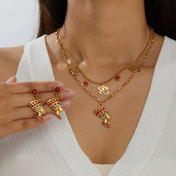 Wholesale Exotic Vintage Gold Plated Stainless Steel Cross Chain Portrait Pendant Jewelry Set With Eye Shaped Earrings For Women
